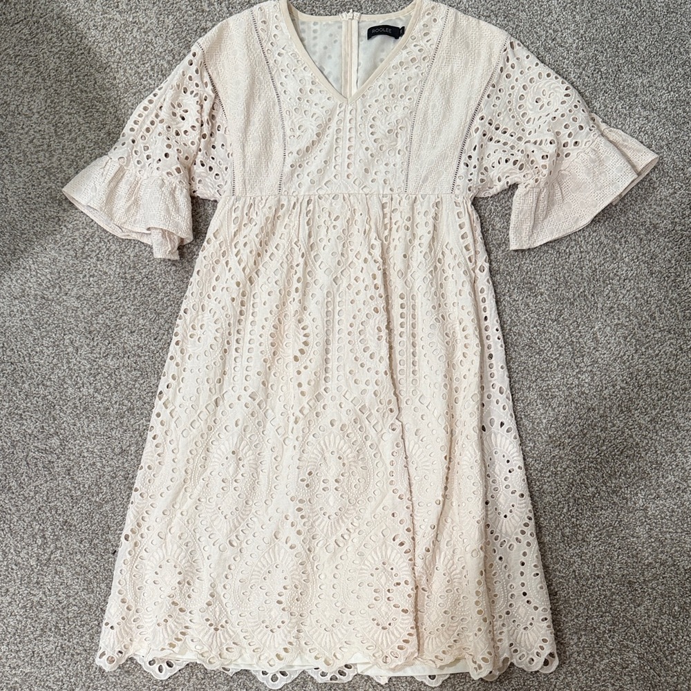 Roolee Beige Eyelet V-Neck Dress